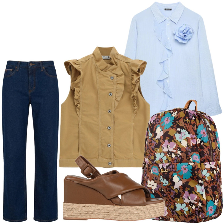 Outfit donna - Camicia con rosa. Stile Minimal per Tutti i giorni. Abbinamento con espadrillas, valigie, camicie, gilet, jeans.