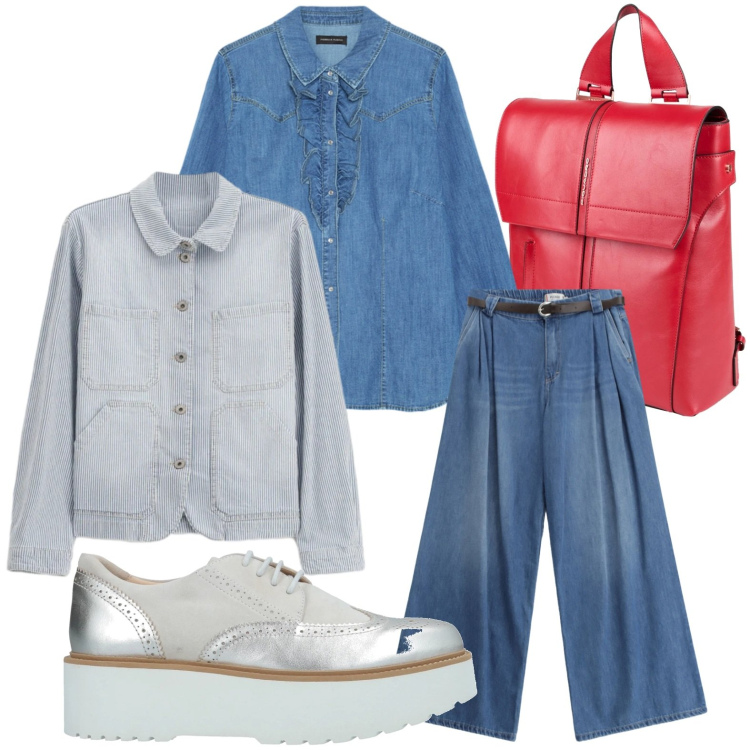 Outfit donna - Denim con rouches. Stile Trendy per Tutti i giorni. Abbinamento con scarpe stringate, zaini, camicie, jeans, blazer.