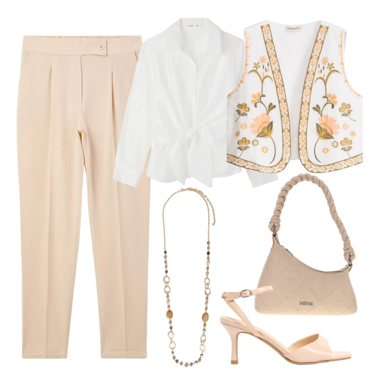 Outfit donna - Boho chic. Stile Chic per Cerimonia. Abbinamento con gilet, sandali col tacco, camicie, pantaloni chino, collane, borse a spalla.