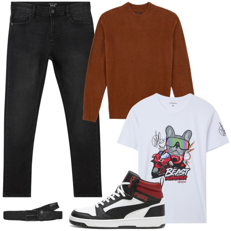 Outfit uomo - #beast.supporter. Stile Urban per Tutti i giorni. Abbinamento con jeans skinny, cinture, t-shirt, sneakers alte, maglieria.