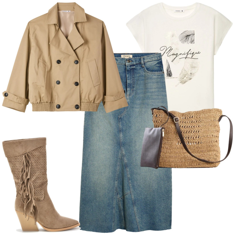 Outfit donna - La maxi gonna jeans. Stile Casual per Tutti i giorni. Abbinamento con gonne, borse a tracolla, t-shirt, trench, stivaletti texani.