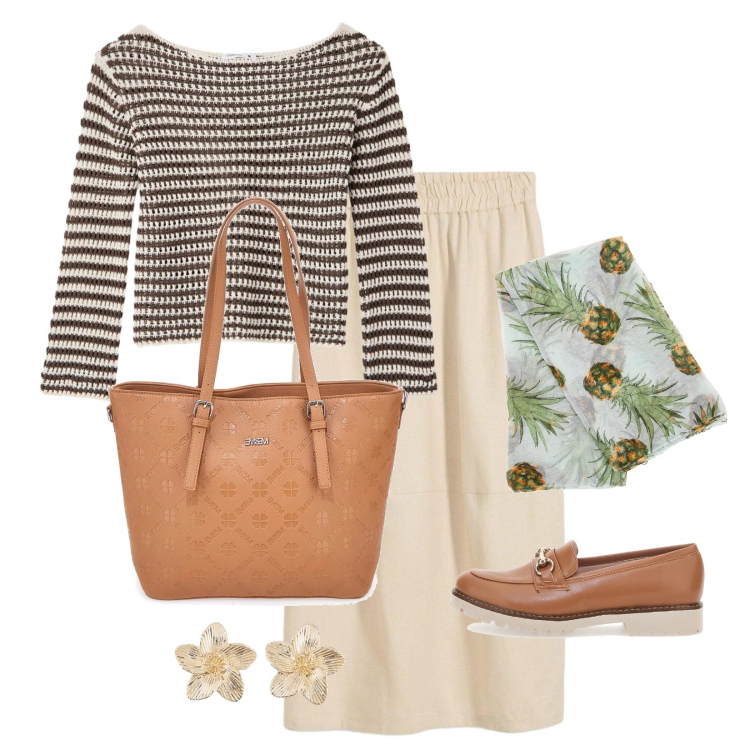 Outfit donna - Total look #2378601. Stile Sporty chic per Tutti i giorni. Abbinamento con gonne longuette, orecchini, maglieria, mocassini, foulard, borse a tracolla.