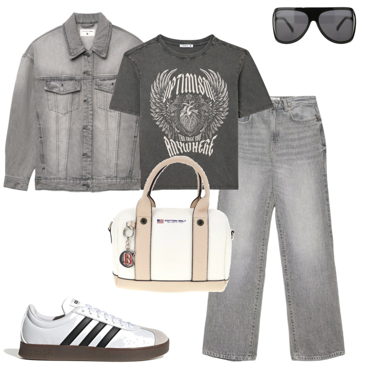 Outfit donna - Aprile in denim. Stile Casual per Tutti i giorni. Abbinamento con jeans dritti, t-shirt, cappotti, occhiali da sole, sneakers, borse a mano.