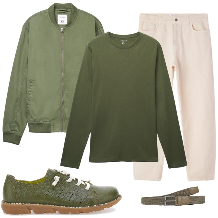 Outfit uomo - Spring Sage: Equilibrio Naturale. Stile Trendy per Tutti i giorni. Abbinamento con cinture, bomber, t-shirt, pantaloni, sneakers.