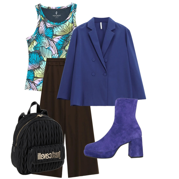 Outfit donna - Total look #2378604. Stile Sporty chic per Cerimonia. Abbinamento con stivaletti, zaini, blazer, pantaloni a palazzo, canottiere.