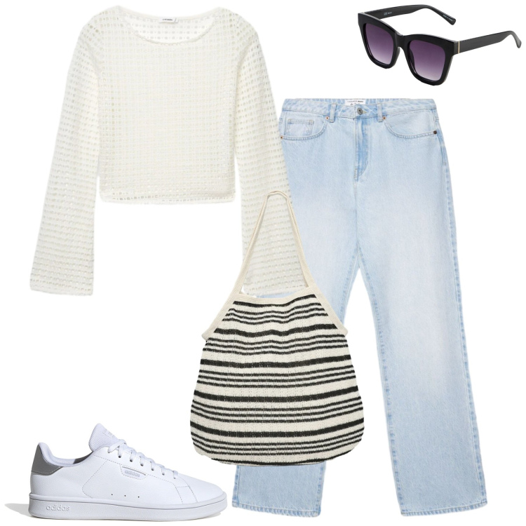 Outfit donna - Aprile. Stile Casual per Tutti i giorni. Abbinamento con occhiali da sole, jeans dritti, maglieria, shopping bag, sneakers.