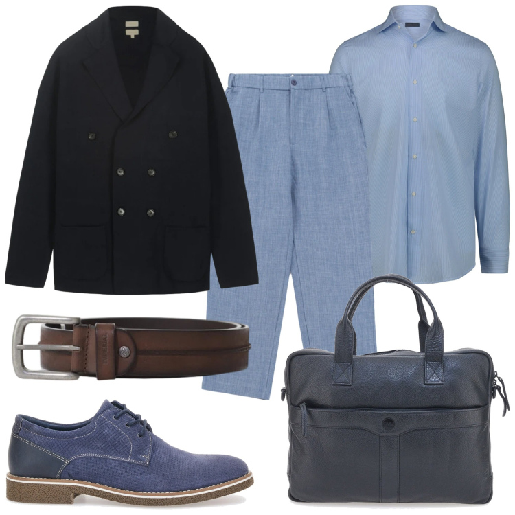 Outfit uomo - Sfumature di cielo. Stile Urban per Tutti i giorni. Abbinamento con pantaloni, cinture, scarpe stringate, camicie, cardigans, borse sportive.