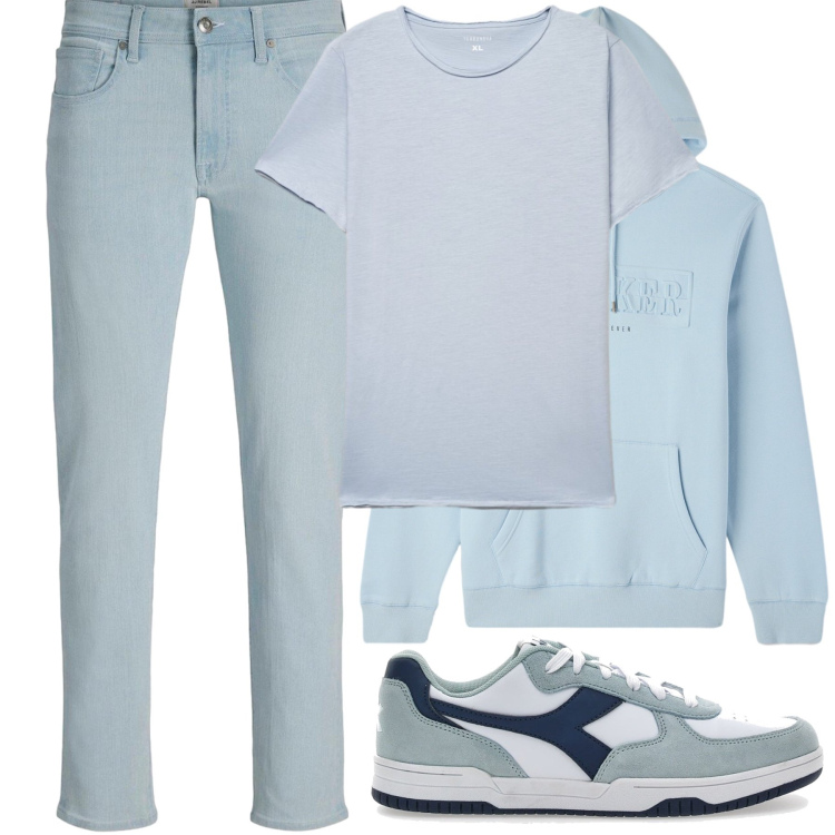 Outfit uomo - Blue Sky: Il Potere della Luce. Stile Urban per Tutti i giorni. Abbinamento con felpe con cappuccio, t-shirt, sneakers, jeans slim fit.