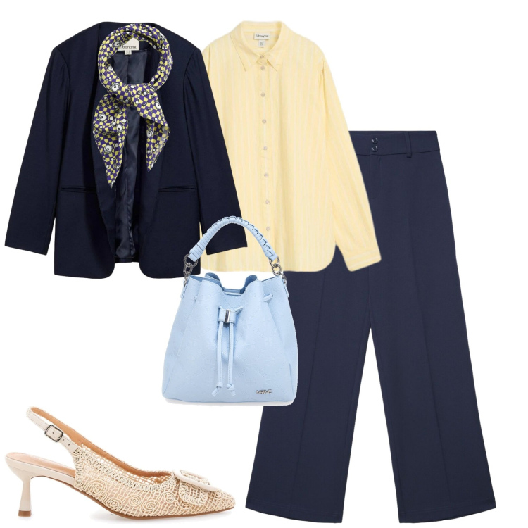Outfit donna - Giallo e blu. Stile Urban per Tutti i giorni. Abbinamento con camicie, blazer, pantaloni, foulard, scarpe col tacco, borse a secchiello.