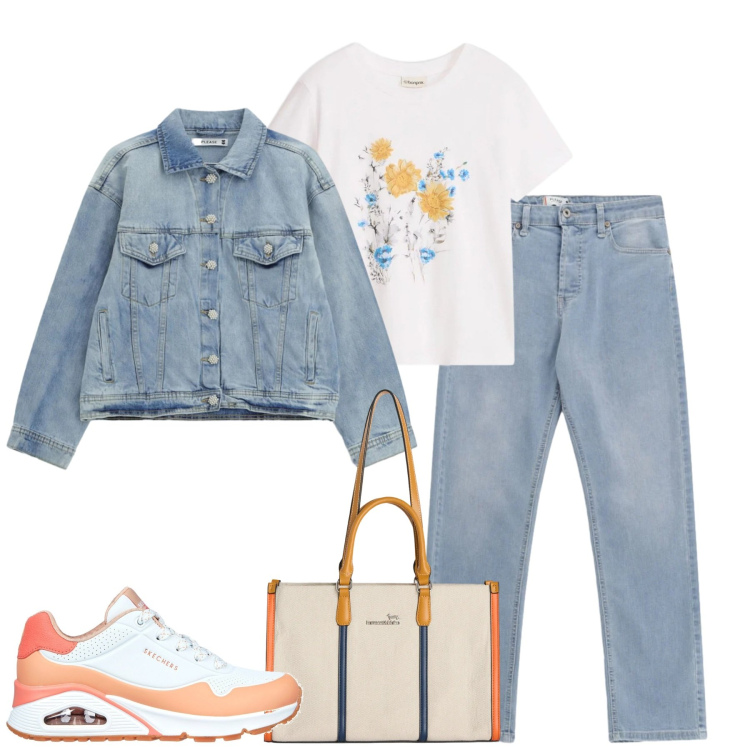 Outfit donna - Aprile. Stile Casual per Tutti i giorni. Abbinamento con t-shirt, jeans, blazer, borse tote, sneakers.