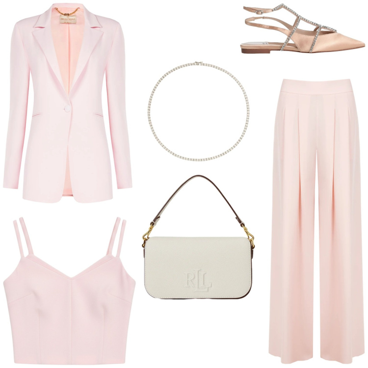 Outfit donna - Il completo da cerimonia. Stile Glamour per Cerimonia. Abbinamento con ballerine, pantaloni a palazzo, blazer, top, collane, borse a spalla.
