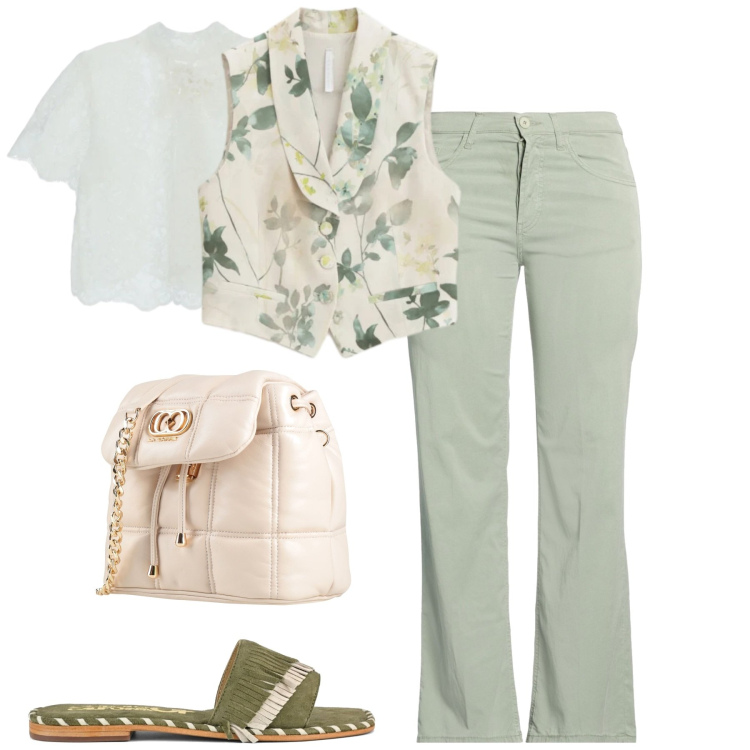 Outfit donna - Aprile. Stile Casual chic per Tutti i giorni. Abbinamento con pantaloni, valigie, gilet, top, ciabatte.