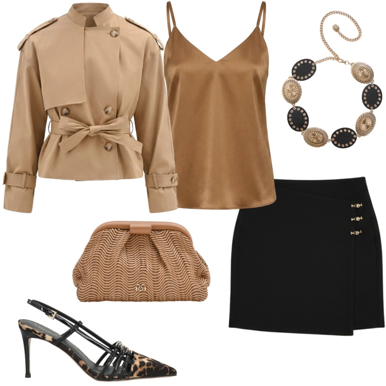 Outfit donna - Total look #2378613. Stile Chic per Serata fuori. Abbinamento con décolleté, cinture, caban, minigonne, canottiere, pochette.
