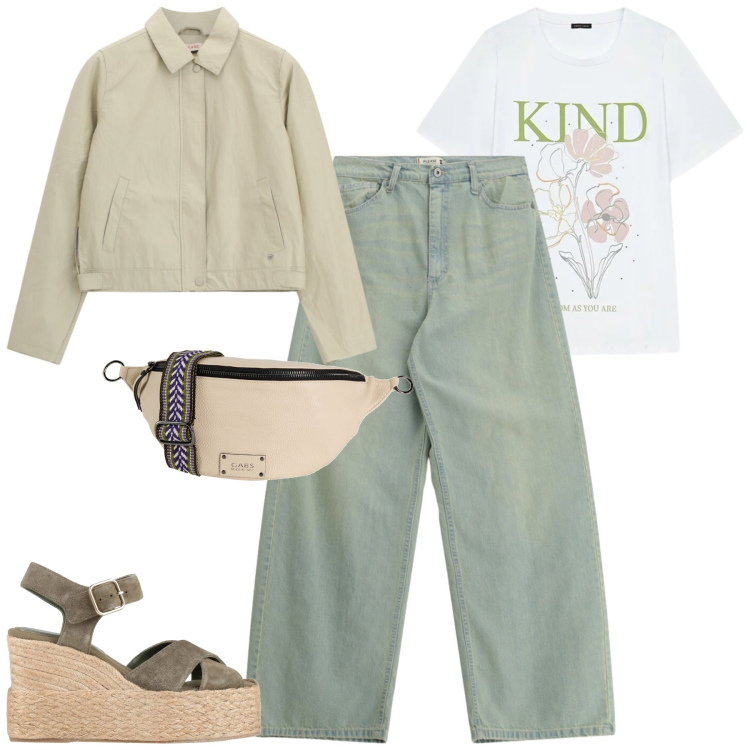Outfit donna - Aprile. Stile Casual chic per Tutti i giorni. Abbinamento con marsupi, espadrillas, t-shirt, jeans, blazer.