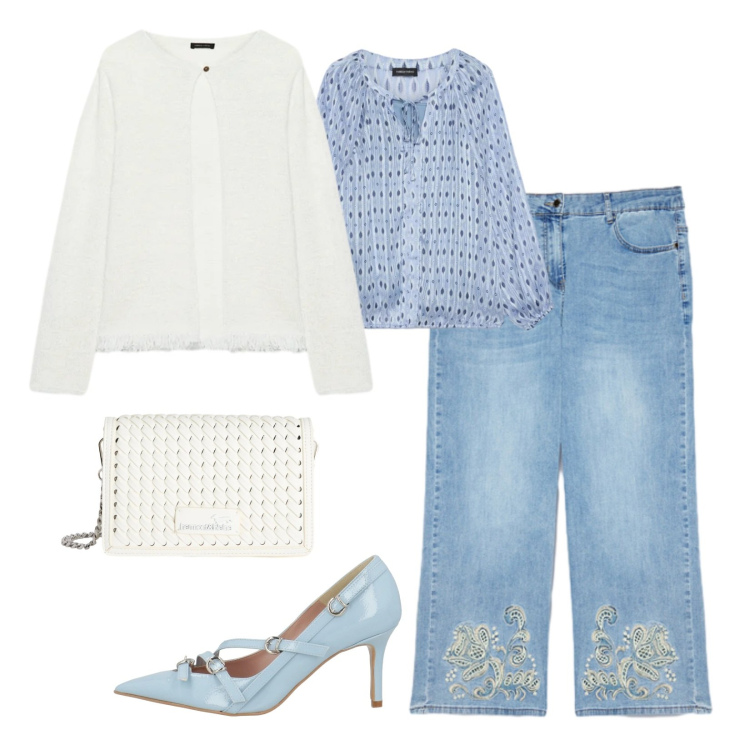 Outfit donna - Nuance pastello. Stile Casual chic per Serata fuori. Abbinamento con décolleté, bluse, jeans, cardigans, borse a tracolla.