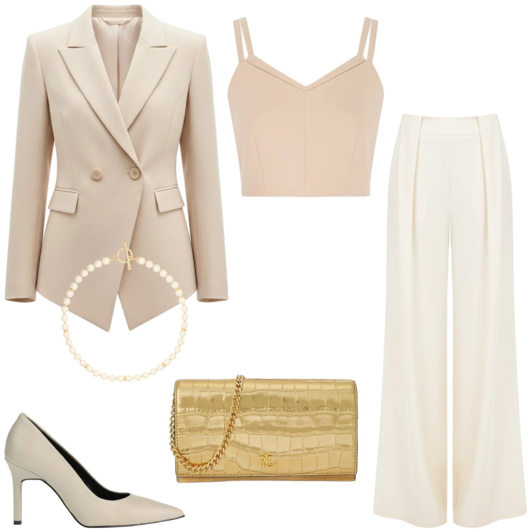 Outfit donna - Beige per il completo raffinato. Stile Chic per Cerimonia. Abbinamento con décolleté, blazer, pantaloni a palazzo, top, collane, borse a tracolla.