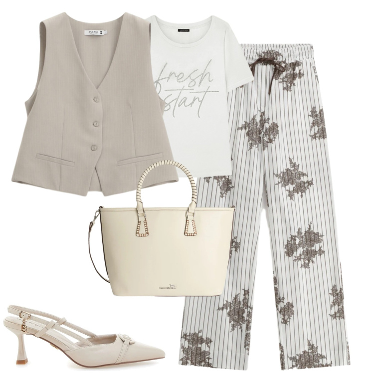 Outfit donna - Please. Stile Urban per Tutti i giorni. Abbinamento con t-shirt, pantaloni a palazzo, gilet, shopping bag, décolleté.