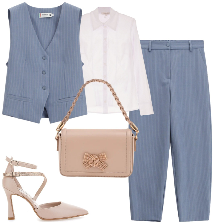 Outfit donna - City. Stile Urban per Tutti i giorni. Abbinamento con pantaloni, camicie, gilet, pochette, décolleté.