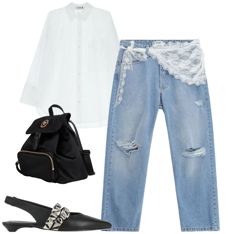 Outfit donna - City. Stile Trendy per Tutti i giorni. Abbinamento con zaini, ballerine, camicie, jeans strappati.