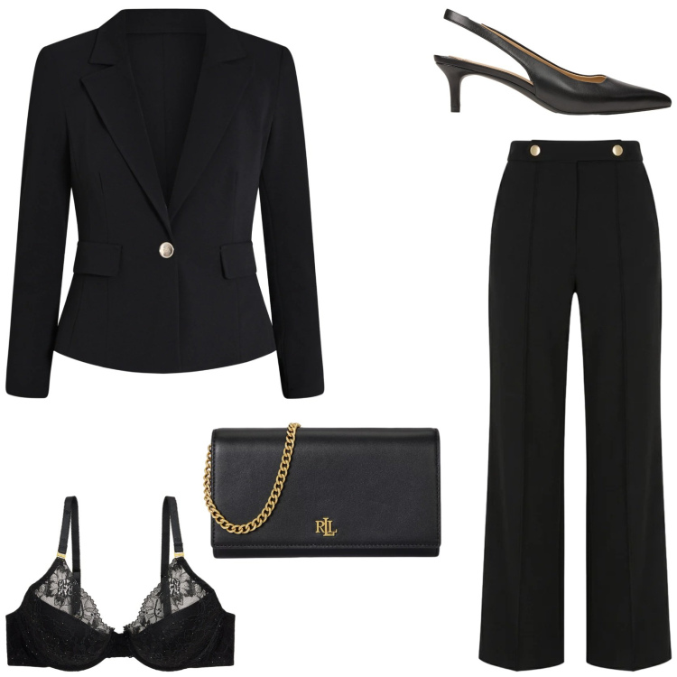 Outfit donna - Eleganza classica in nero. Stile Chic per Cerimonia. Abbinamento con blazer, pantaloni, borse a tracolla, reggiseni, décolleté.