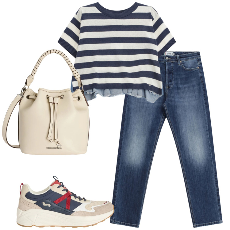 Outfit donna - Aprile. Stile Casual per Tutti i giorni. Abbinamento con jeans, t-shirt, borse a secchiello, sneakers.