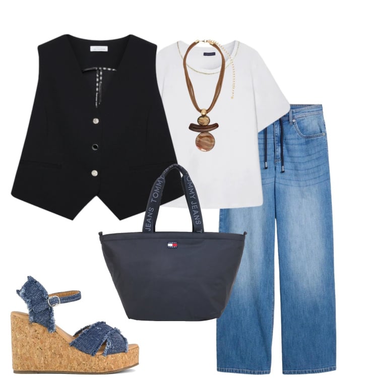 Outfit donna - Aprile. Stile Casual chic per Tutti i giorni. Abbinamento con jeans dritti, gilet, t-shirt, ciondoli, zeppe, borse tote.