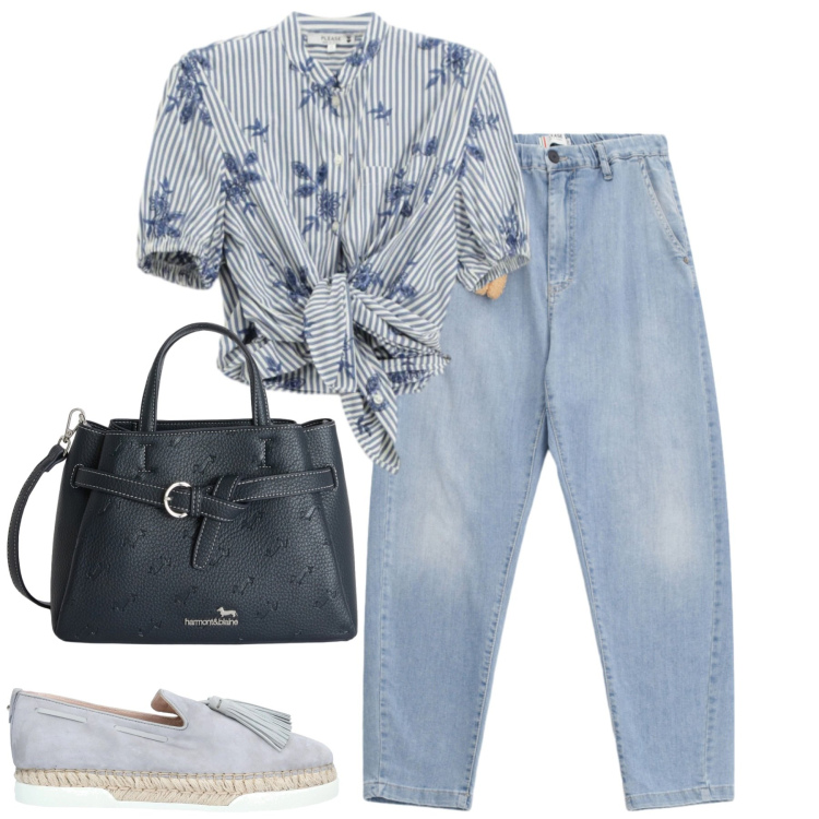 Outfit donna - Aprile. Stile Casual per Tutti i giorni. Abbinamento con espadrillas, camicie a manica corta, jeans, borse a mano.