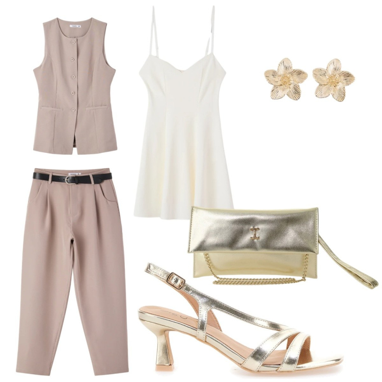 Outfit donna - Serata tra amiche. Stile Chic per Serata fuori. look ideale per Petite. Abbinamento con orecchini, gilet, pantaloni, vestiti corti, borse a tracolla, sandali in pelle.