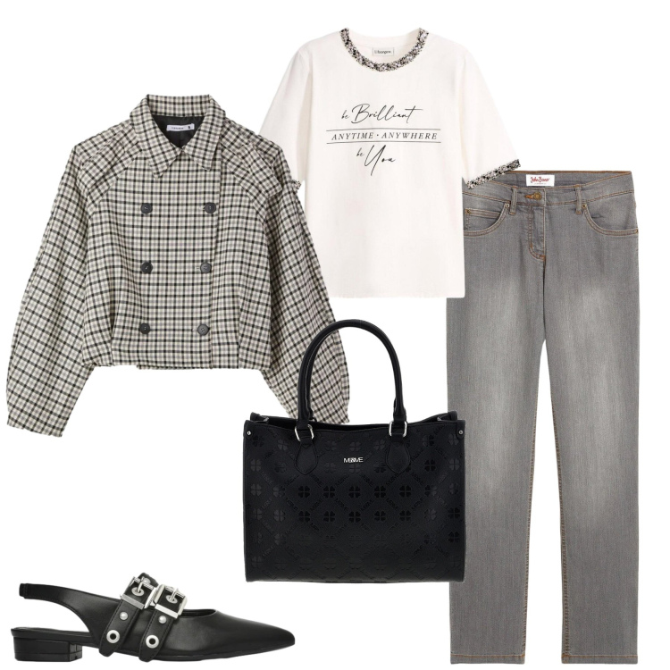 Outfit donna - Aprile. Stile Casual chic per Tutti i giorni. Abbinamento con jeans dritti, t-shirt, ballerine, caban, borse a tracolla.