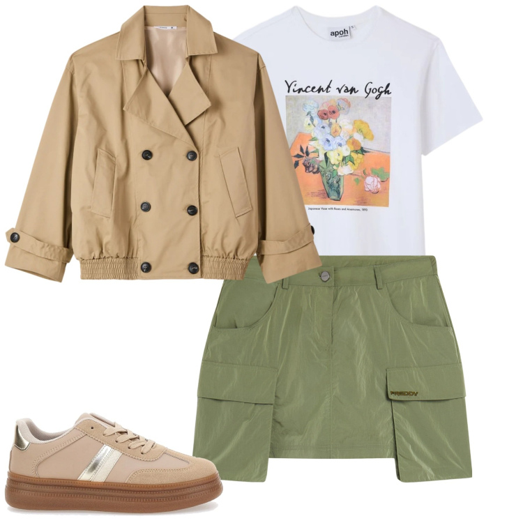 Outfit donna - City. Stile Casual per Tutti i giorni. Abbinamento con t-shirt, trench, minigonne, sneakers.
