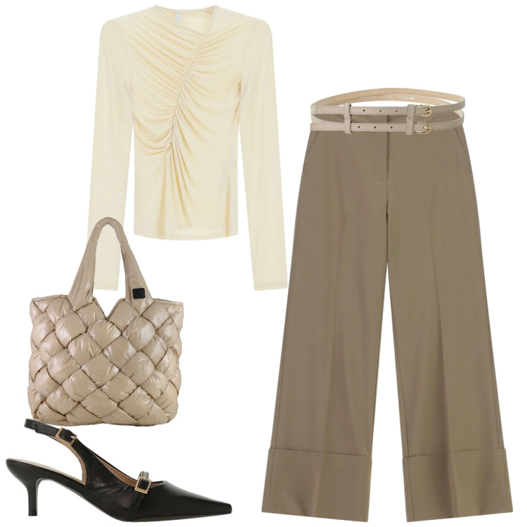 Outfit donna - Total look #2378646. Stile Urban per Tutti i giorni. Abbinamento con pantaloni a palazzo, sandali col tacco, cinture, t-shirt, borse tote.