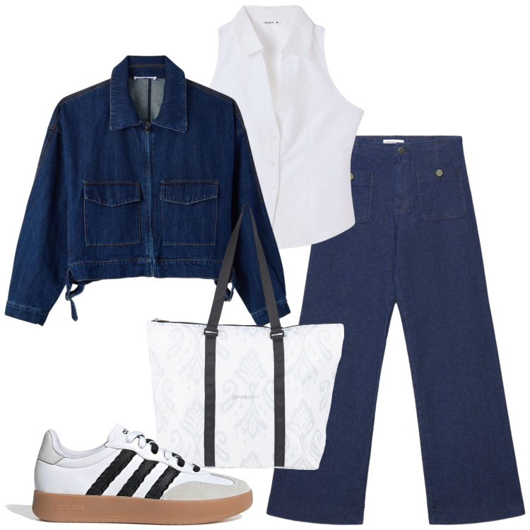 Outfit donna - Aprile. Stile Casual per Tutti i giorni. Abbinamento con jeans, top, cappotti, shopping bag, sneakers.