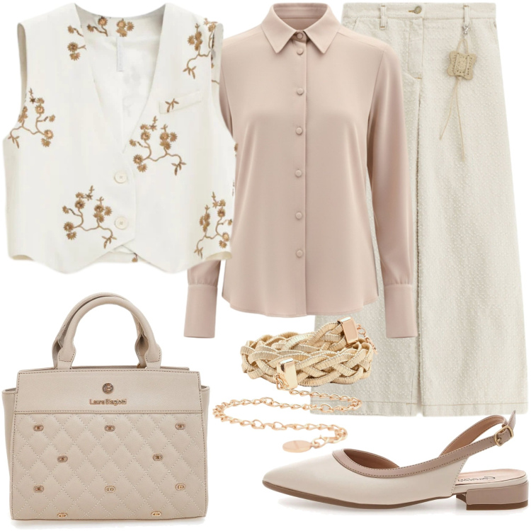 Outfit donna - Luce ad ogni passo. Stile Chic per Ufficio. Abbinamento con gilet, pantaloni a palazzo, cinture, camicie, ballerine, borse a mano.
