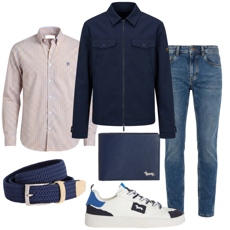 Outfit uomo - Al bar. Stile Casual per Tutti i giorni. Abbinamento con cinture, sneakers, portafogli, jeans slim fit, camicie, cappotti.