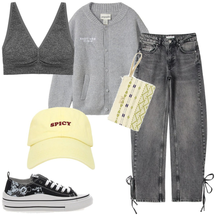 Outfit donna - Grigio e giallo. Stile Sporty chic per Tutti i giorni. Abbinamento con cardigans, jeans, cappelli con visiera, canottiere, pochette, sneakers.