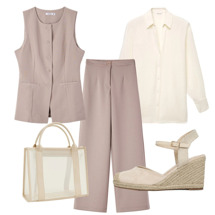 Outfit donna - Natural spring. Stile Minimal per Tutti i giorni. Abbinamento con pantaloni, gilet, zeppe, camicie, borse tote.