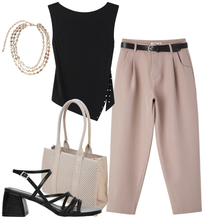 Outfit donna - In ufficio. Stile Urban per Ufficio. Abbinamento con top, pantaloni, sandali col tacco, collane, borse a spalla.