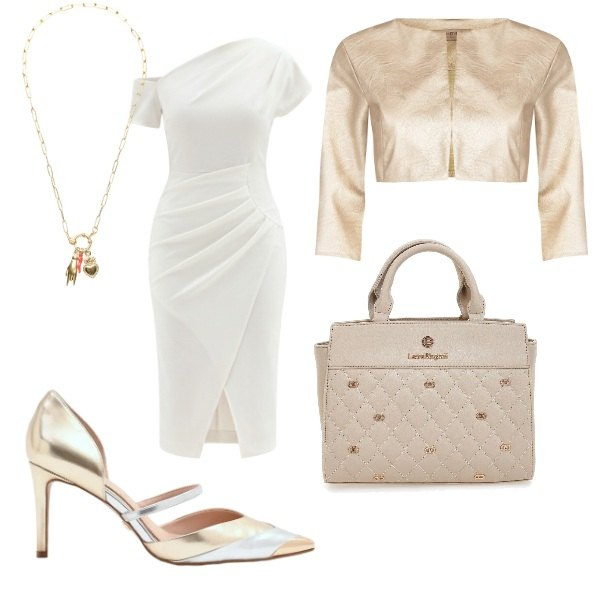 Outfit donna - Il bianco che illumina. Stile Chic per Cerimonia. Abbinamento con vestiti a tubino, bolero, décolleté, ciondoli, borse a mano.