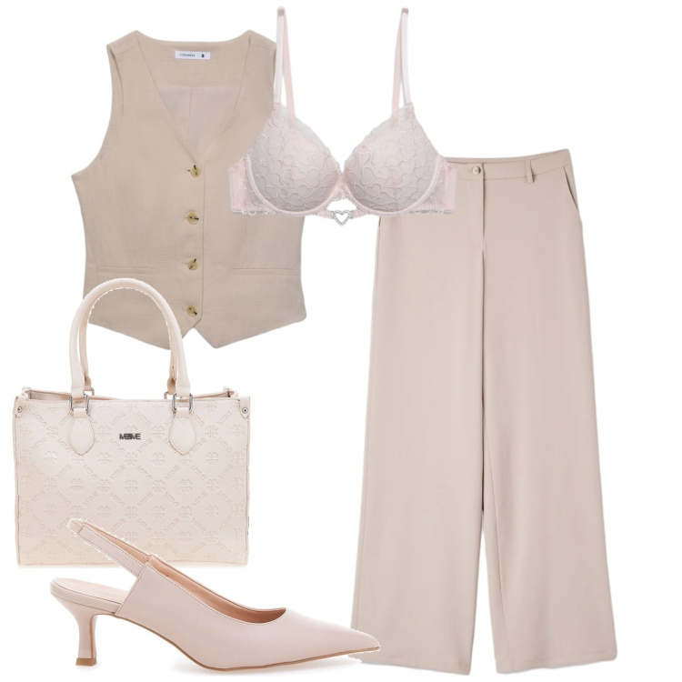 Outfit donna - Toni chiari. Stile Minimal per Tutti i giorni. Abbinamento con gilet, reggiseni push-up, pantaloni, décolleté, borse a tracolla.
