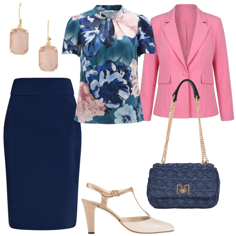 Outfit donna - Tailleur passepartout. Stile Chic per Tutti i giorni. Abbinamento con décolleté, gonne longuette, bluse, blazer, borse a spalla, orecchini.