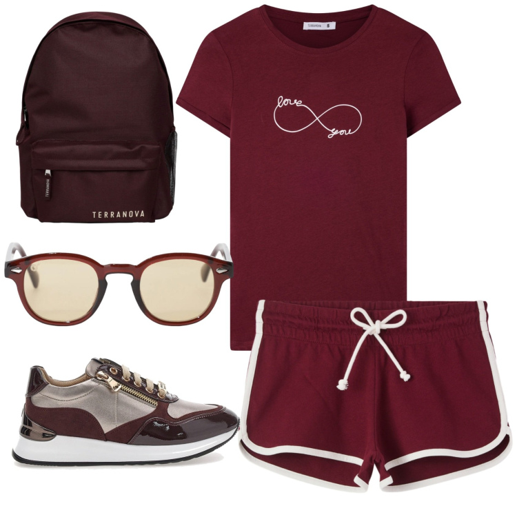 Outfit donna - Total look #2378667. Stile Casual per Sport. Abbinamento con shorts, zaini, t-shirt, occhiali da sole, sneakers alte.
