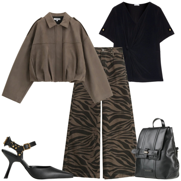Outfit donna - City. Stile Urban per Tutti i giorni. Abbinamento con décolleté, zaini, t-shirt, pantaloni a palazzo, bomber.