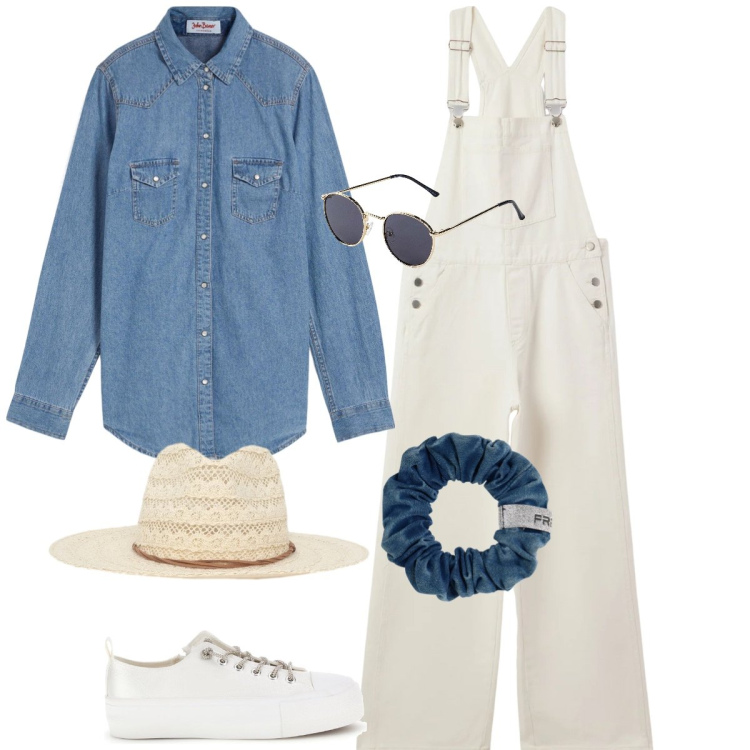 Outfit donna - Relax in giardino. Stile Casual per Tutti i giorni. Abbinamento con occhiali da sole, camicie, salopette, cappelli, accessori per capelli, sneakers.