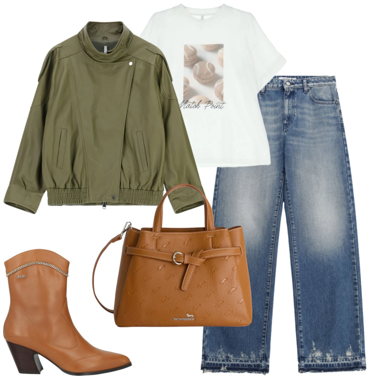 Outfit donna - City. Stile Casual chic per Tutti i giorni. Abbinamento con stivaletti, giacche, t-shirt, jeans, borse a mano.
