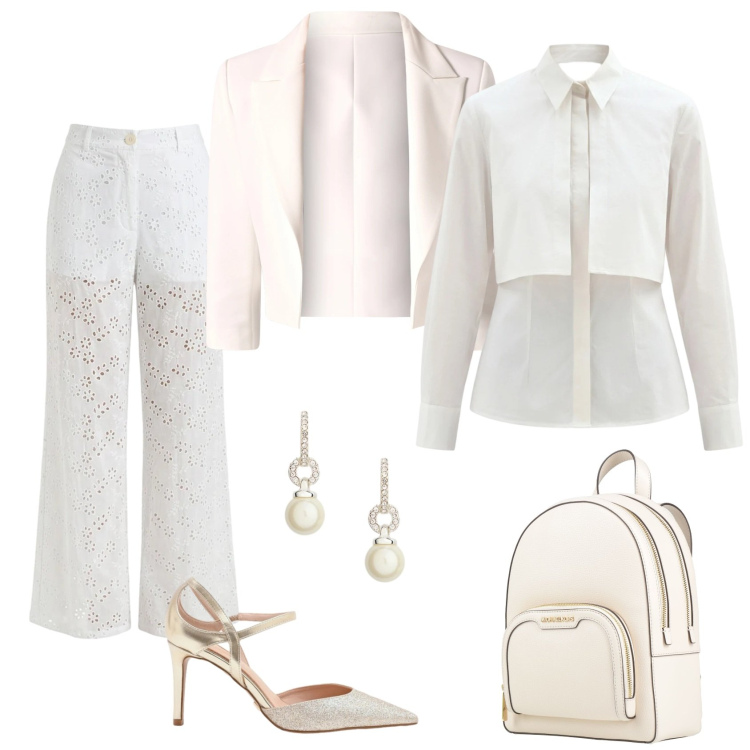 Outfit donna - Total look #2378680. Stile Casual chic per Serata fuori. Abbinamento con zaini, blazer, pantaloni, camicie, décolleté, orecchini.