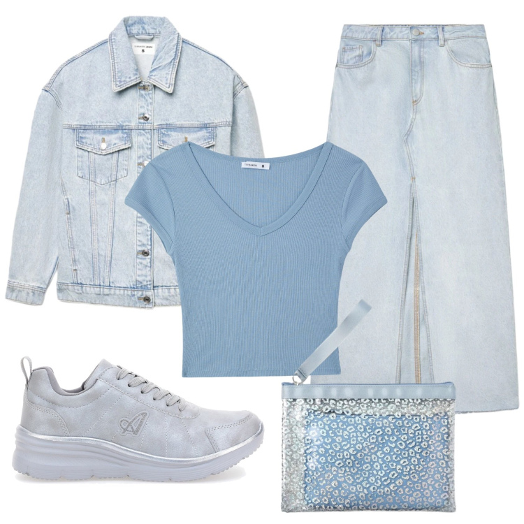 Outfit donna - Total look #2378681. Stile Casual per Tutti i giorni. Abbinamento con pochette, t-shirt, gonne lunghe, cappotti, sneakers.