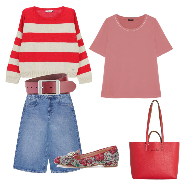 Outfit donna - Un caffè con le amiche. Stile Casual per Tutti i giorni. Abbinamento con cinture, pantaloni corti, t-shirt, maglieria, shopping bag, mocassini.