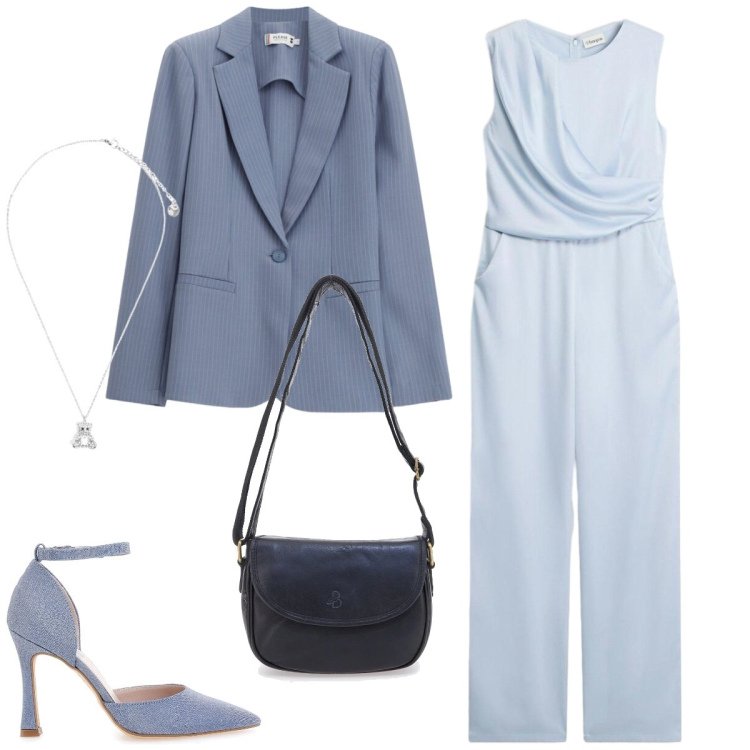 Outfit donna - Ufficio. Stile Chic per Ufficio. Abbinamento con tute, blazer, ciondoli, décolleté, borse a tracolla.