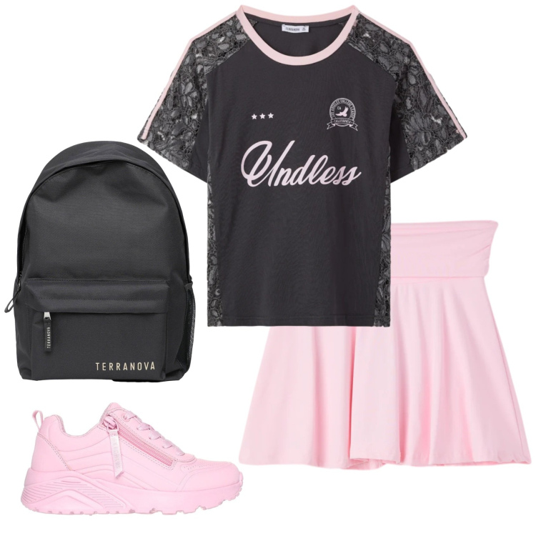 Outfit donna - Total look #2378701. Stile Casual per Sport. Abbinamento con zaini, t-shirt, minigonne, sneakers alte.