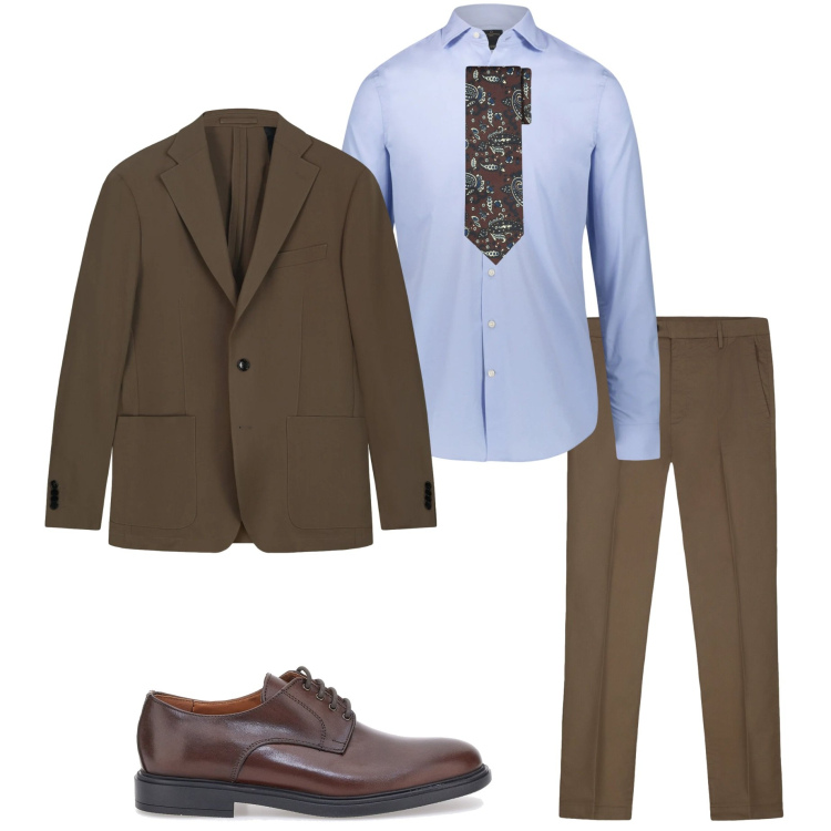 Outfit uomo - Cerimonia in marrone. Stile Business/Elegante per Cerimonia. Abbinamento con scarpe stringate, camicie, cravatte, giacche, pantaloni.